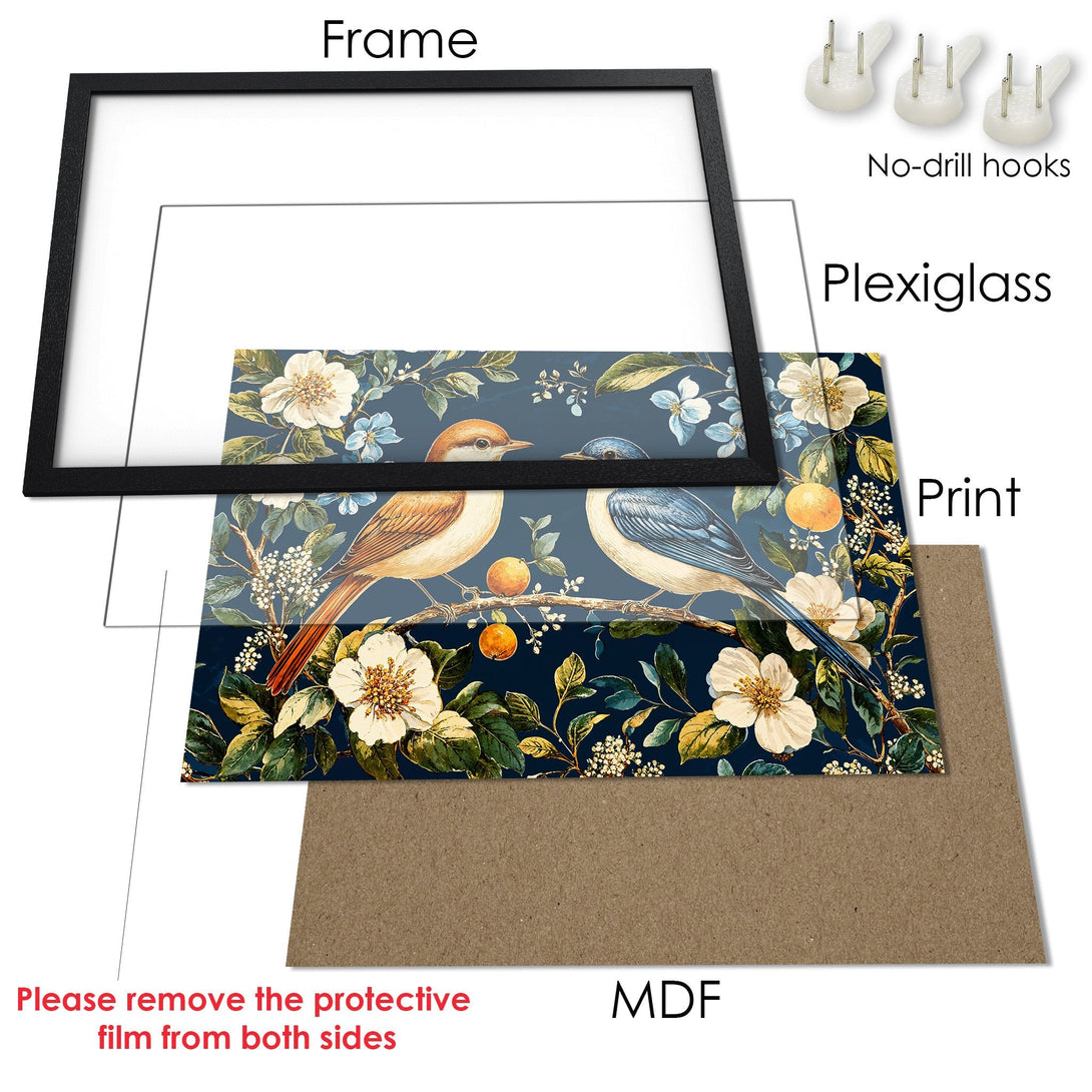 Framed Poster featuring birds & floral design in a vintage style. Dark blue, green, and cream color palette. Perfect wall art!