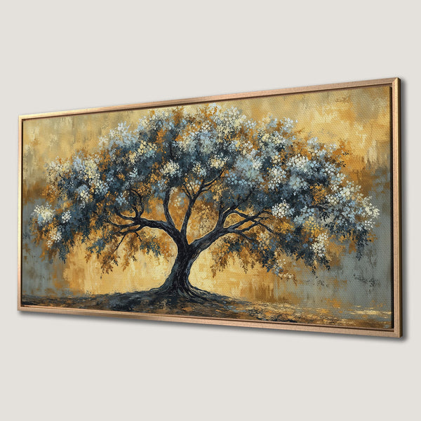Framed Wall Art of a blossoming tree in a painterly style. Features a warm gold and blue color palette, perfect for adding elegance to your space.
