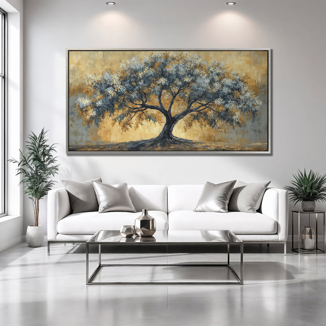 Framed Wall Art: Abstract tree painting in gold, blue, and gray tones. Perfect for modern living rooms. Enhance your space with this stunning canvas print.