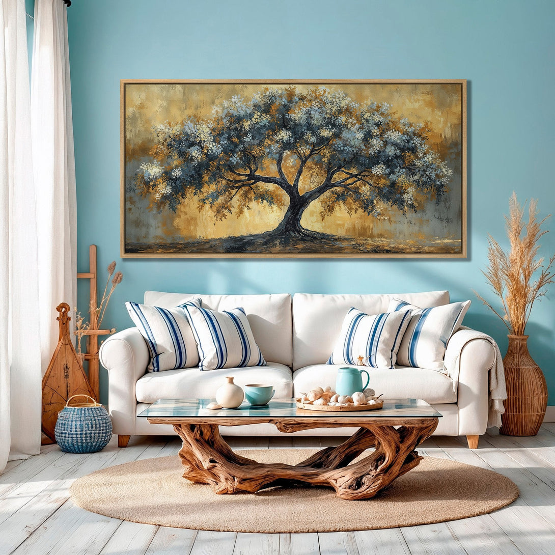 Framed Wall Art: Stunning tree painting in gold, blue, and gray hues. Perfect for adding a touch of nature-inspired elegance to your living space.