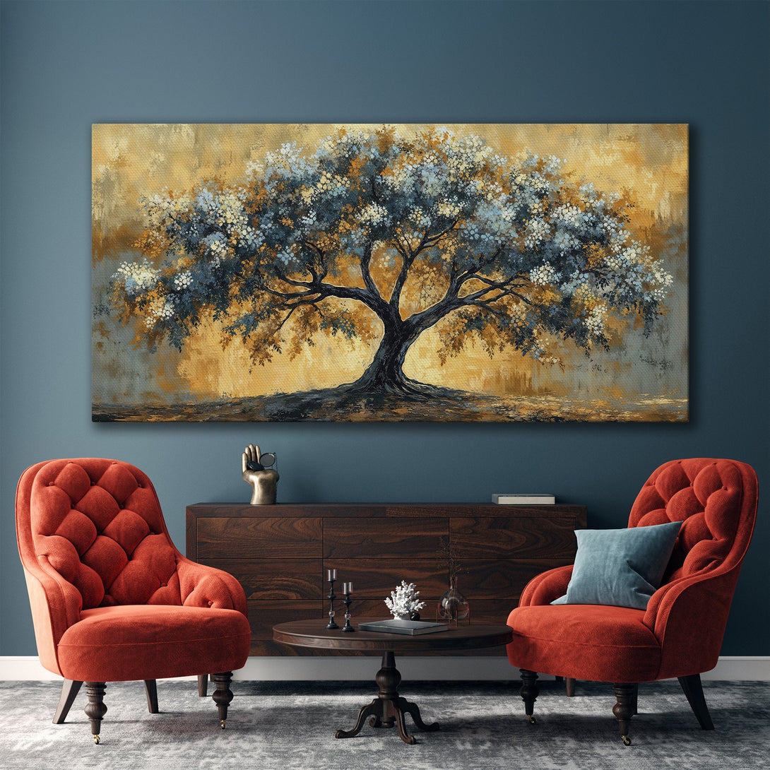 Framed Wall Art: Abstract tree painting in warm gold, blue, and gray tones. Perfect for living room decor. Enhance your space with this canvas print!