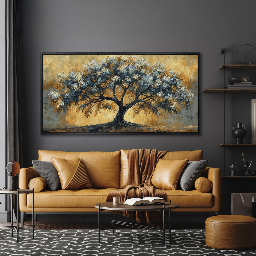 Framed Wall Art: Abstract tree painting in warm gold and blue tones. Modern canvas print adds elegance to any living room. Shop now!