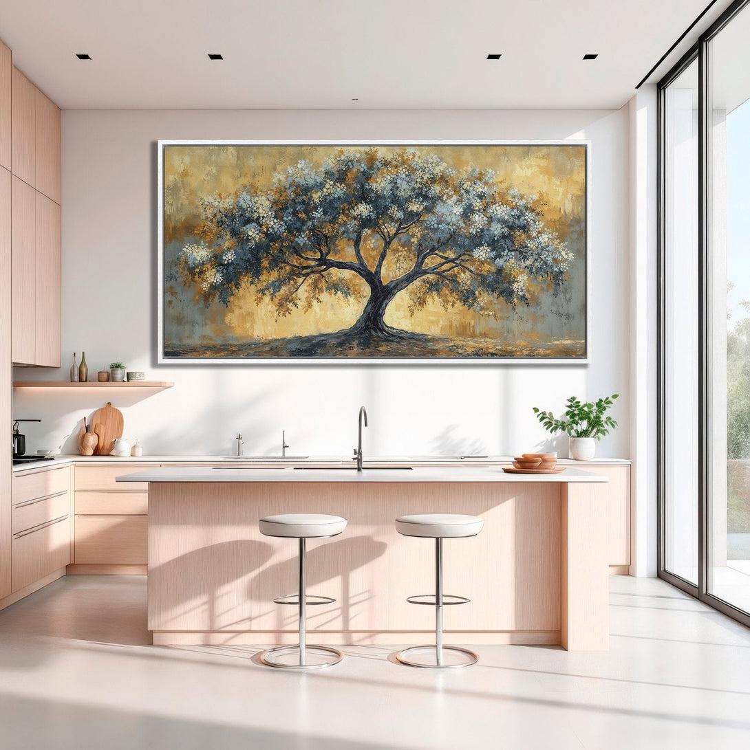 Framed Wall Art: Abstract tree painting in a modern kitchen. Earthy tones of gold, blue, & gray create a serene atmosphere. Perfect for home decor.