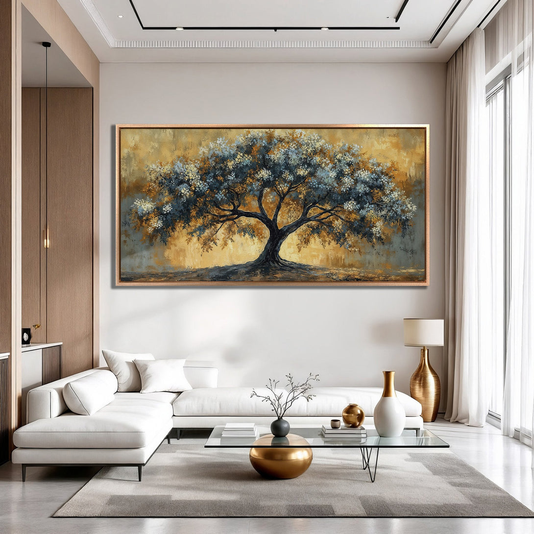 Framed Wall Art featuring a stunning tree painting in a modern interior. Earthy tones of gold, blue, and brown create an elegant, artistic focal point.