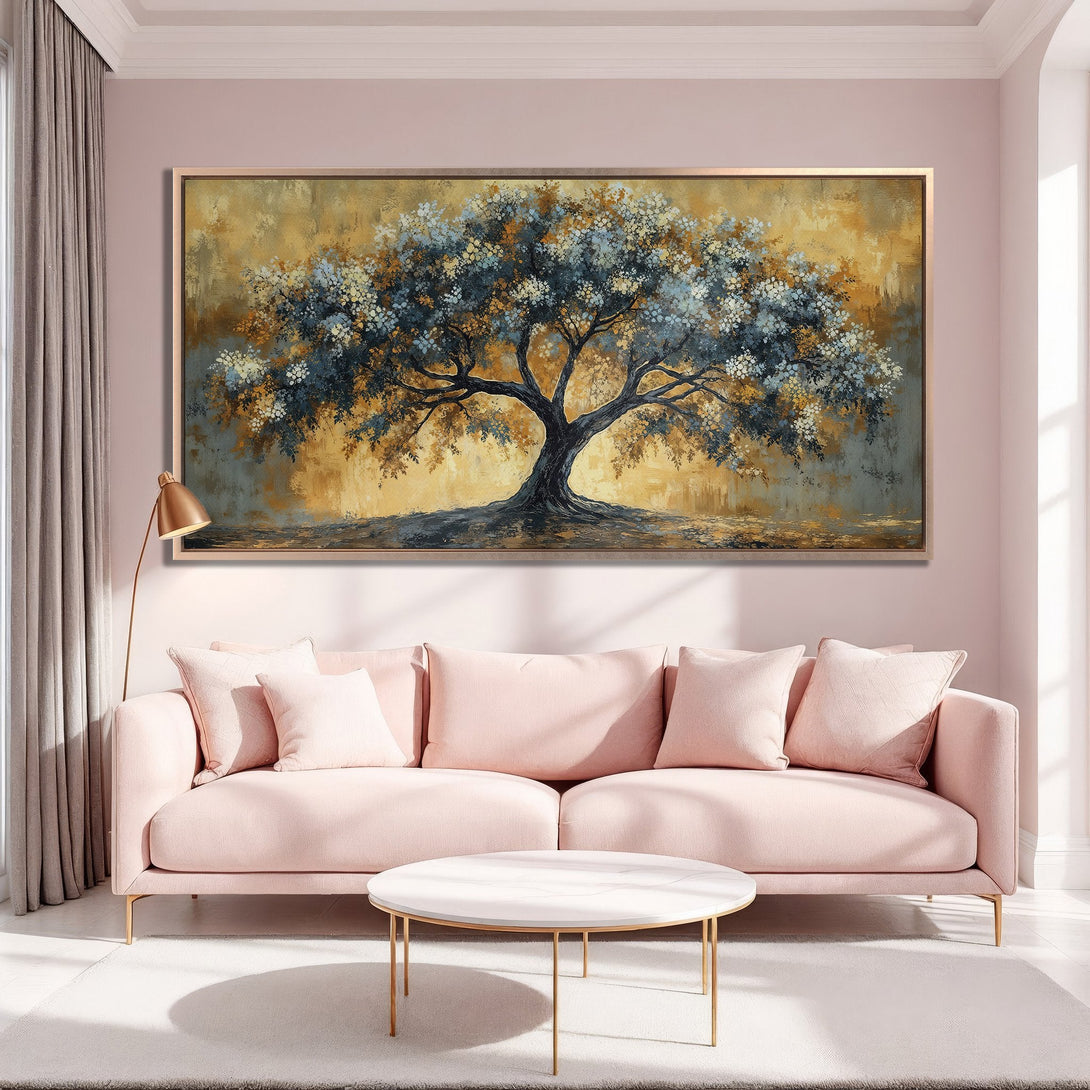 Framed Wall Art: Abstract tree painting in gold, blue, and white, displayed in a stylish living room. Perfect for adding elegance and color to your space.