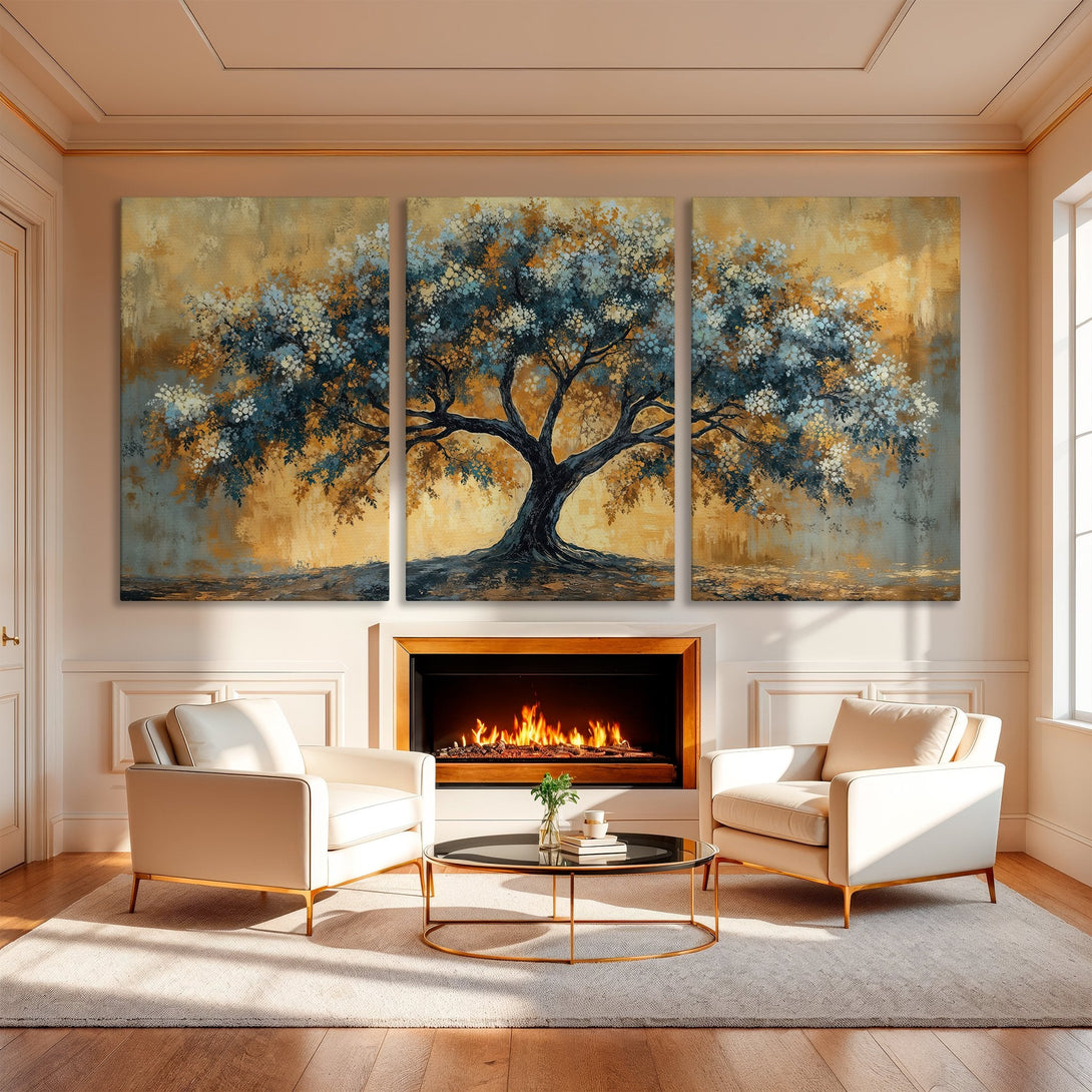 Canvas Print of an abstract tree in gold, blue, and brown tones. Modern wall art for a warm, inviting living room.