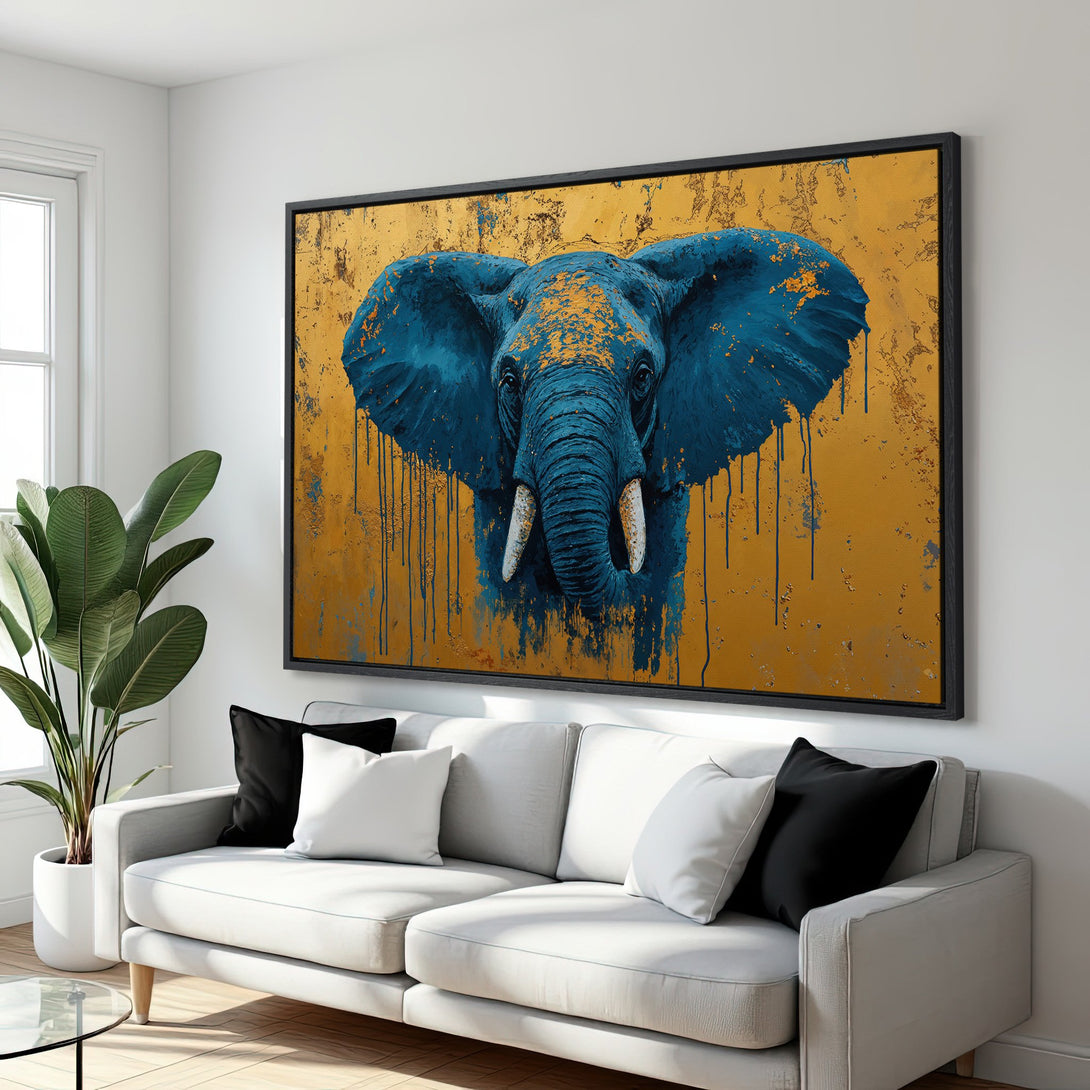 Framed Wall Art: Stunning elephant portrait in blue and gold. Modern, abstract style Canvas Print. Perfect for living room decor.