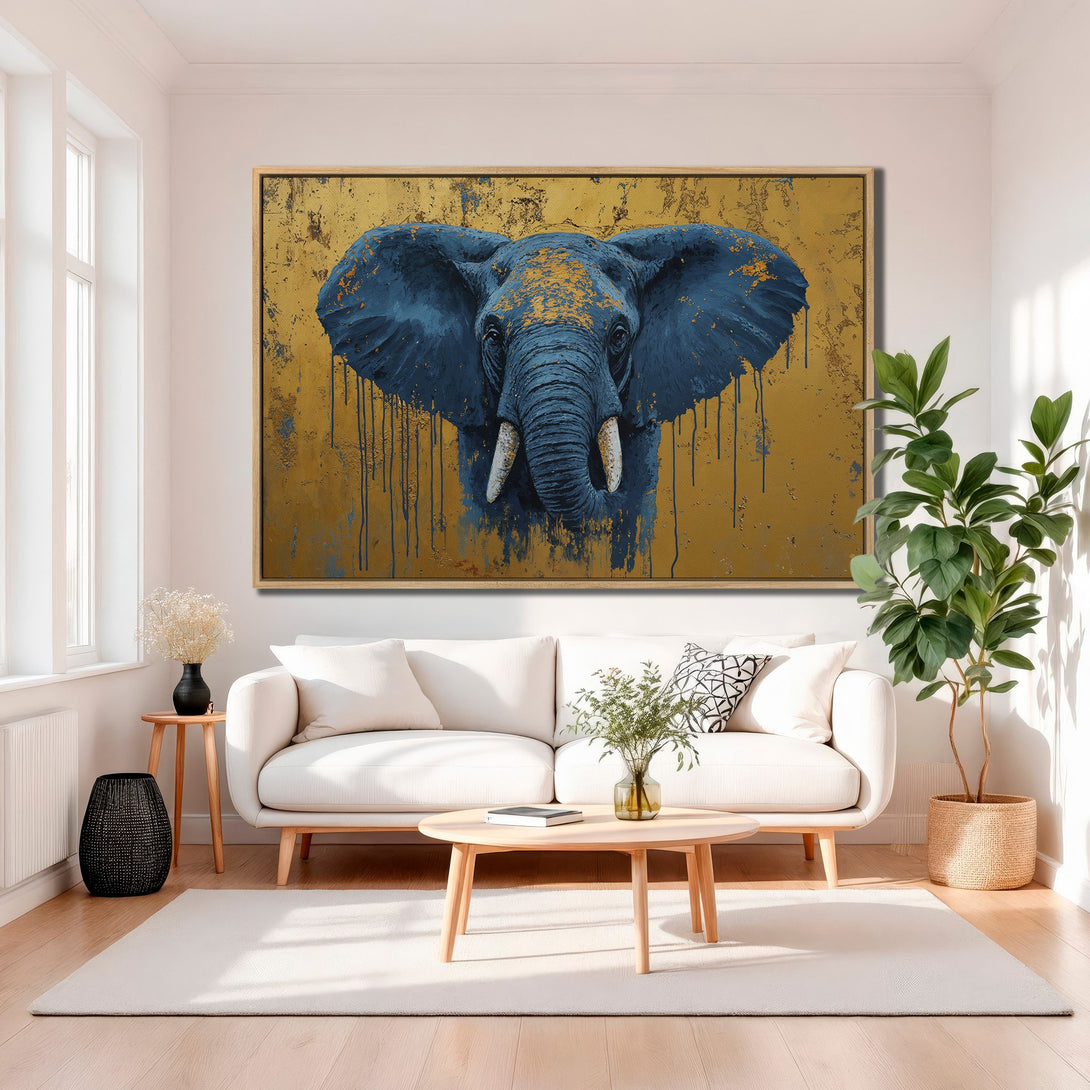 Framed Wall Art: Majestic elephant portrait in blue and gold, perfect for adding a touch of modern art to your living room decor.