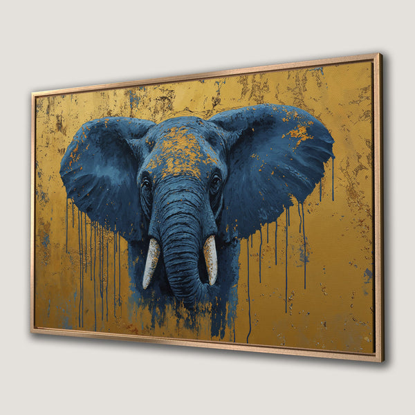 Framed Wall Art: Stunning elephant portrait in blue and gold, perfect for adding a touch of modern art to your home decor. Shop now!