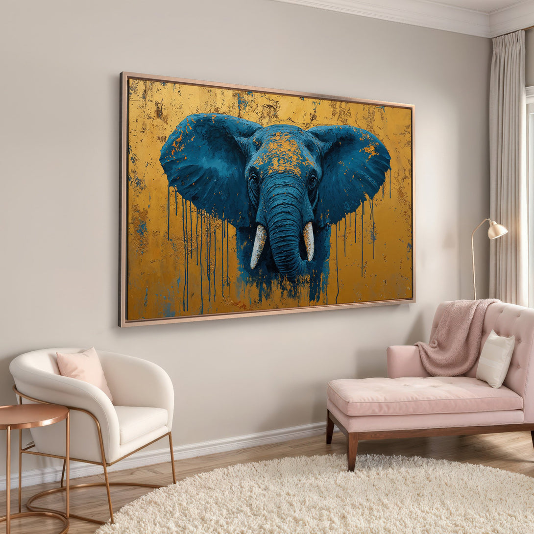 Framed Wall Art: Majestic blue elephant canvas print with gold accents. Modern abstract art in a warm, inviting interior. Enhance your space with this stunning piece.