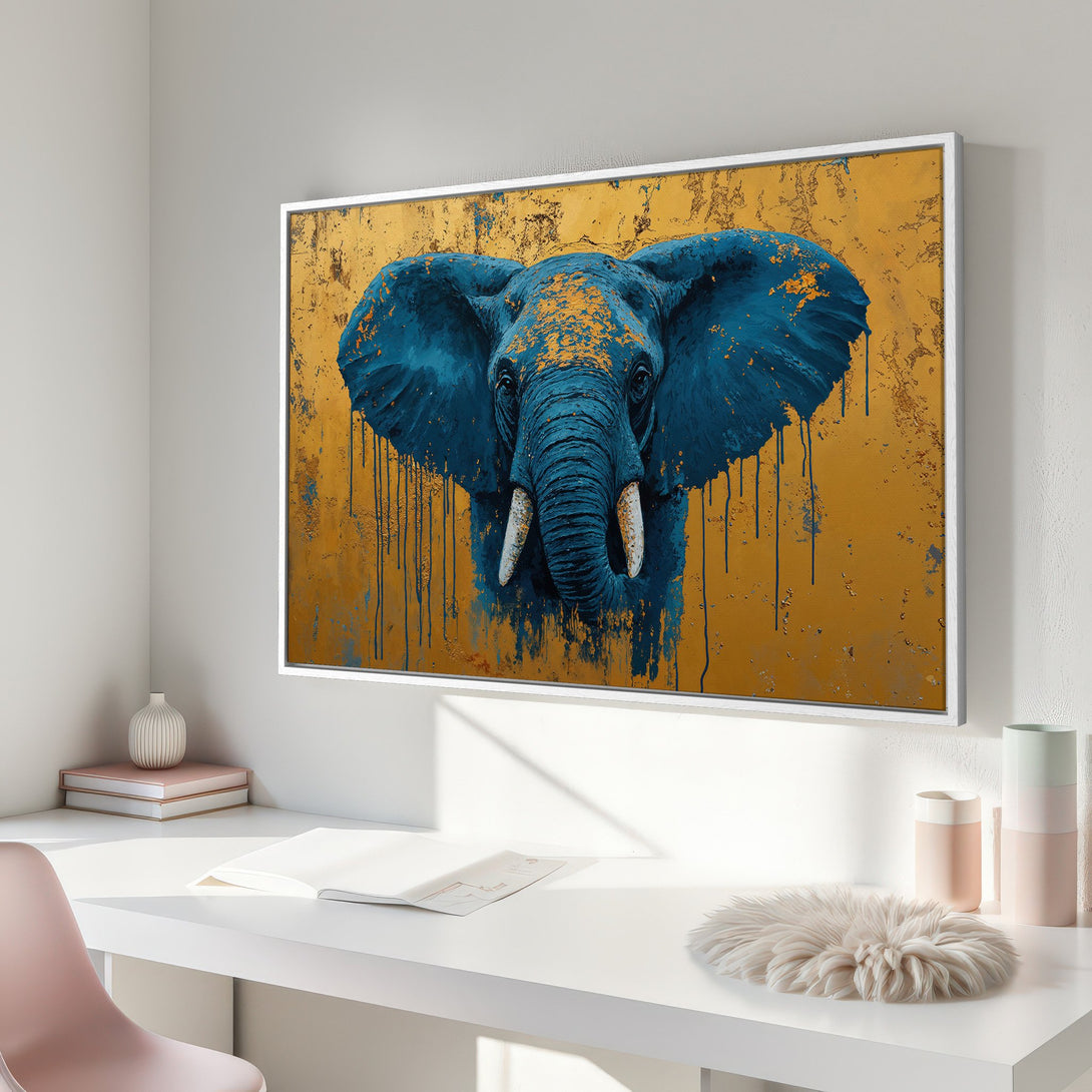 Framed Wall Art: Majestic elephant portrait in teal and gold. Modern abstract style canvas print, perfect for adding a touch of luxury to your home decor.
