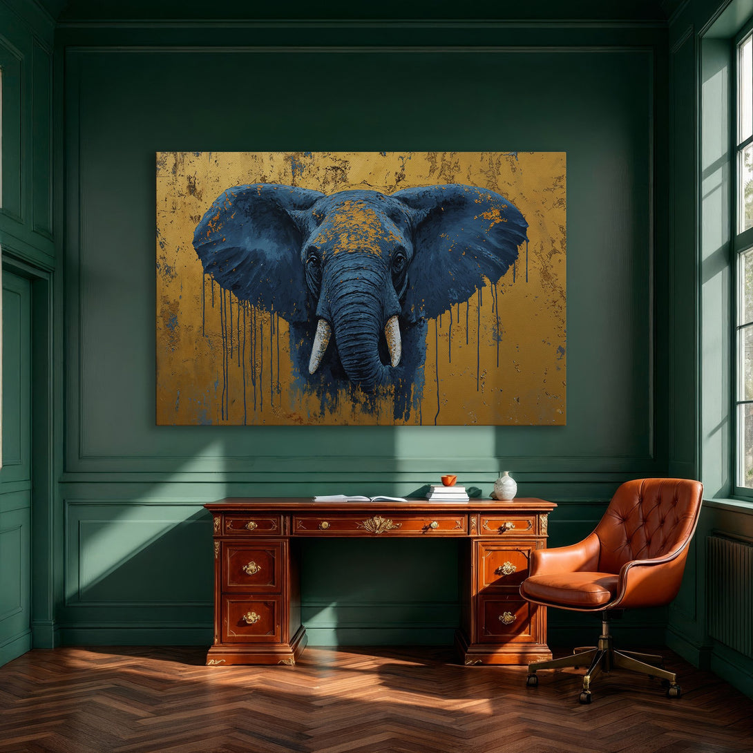 Framed Wall Art: Majestic blue elephant canvas print with gold accents. Modern art for your home. Gold and blue color palette.