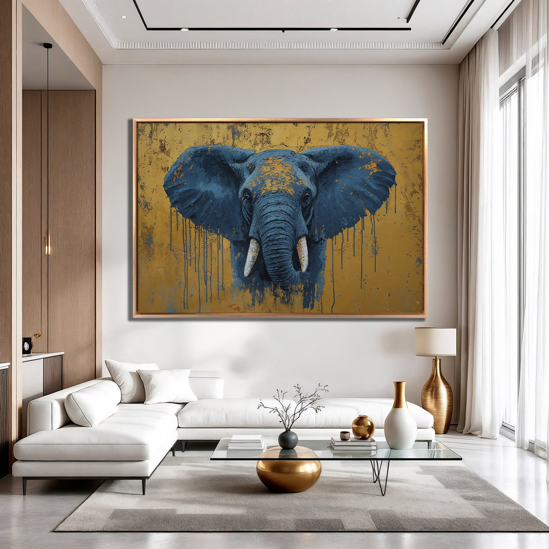 Framed Wall Art: Majestic elephant portrait in blue and gold, displayed in a modern living room. Perfect accent piece for any space!