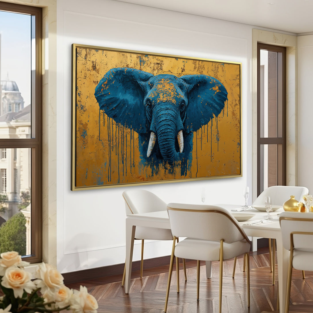 Abstract elephant Canvas Print in blue and gold, displayed in a luxurious green interior. Elevate your space with stylish wall art.