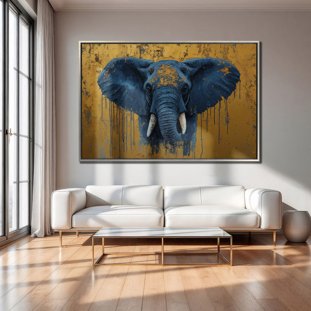 Framed Wall Art: Bold elephant portrait in blue and gold tones. Modern abstract style, perfect for living room decor. Shop canvas prints now!