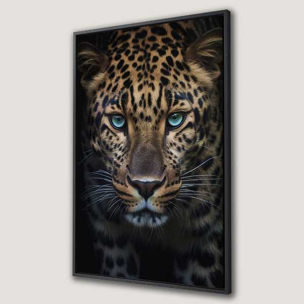 Framed Wall Art featuring a stunning leopard portrait with vibrant turquoise eyes. Rich brown and black color palette, perfect for adding a touch of wild elegance to your space.