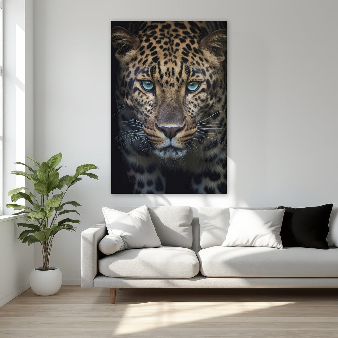 Framed Wall Art: Stunning leopard portrait with captivating blue eyes. Earthy tones and luxurious gold frame. Perfect statement piece for any room.