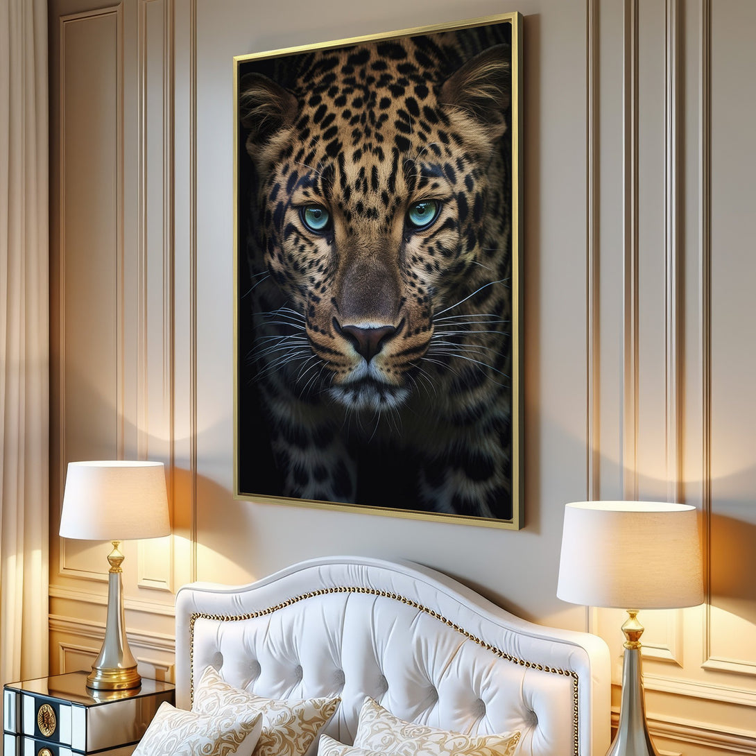 Canvas Print of a leopard with striking blue eyes. Dramatic wildlife art with a warm, neutral color palette. Perfect for modern decor.