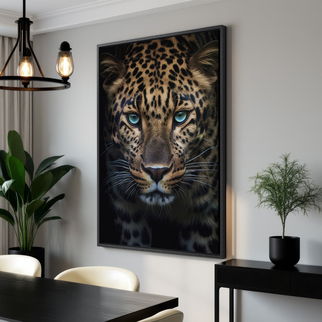 Framed Wall Art: Stunning leopard portrait with piercing blue eyes. Bold, modern style with a warm, earthy color palette. Elevate your space with this captivating artwork!