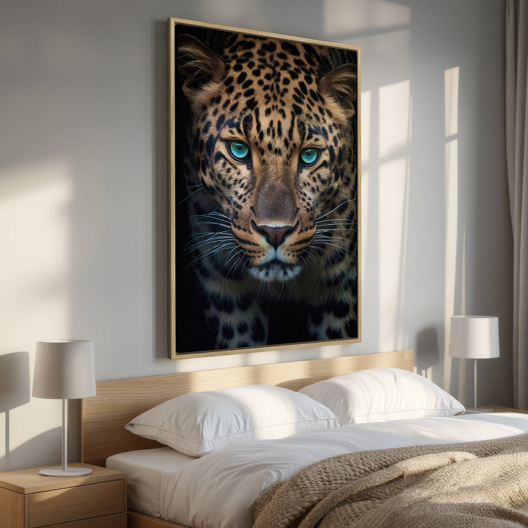 Framed Wall Art: Stunning leopard portrait with striking blue eyes. Earthy tones and dramatic lighting create a captivating focal point for any space.