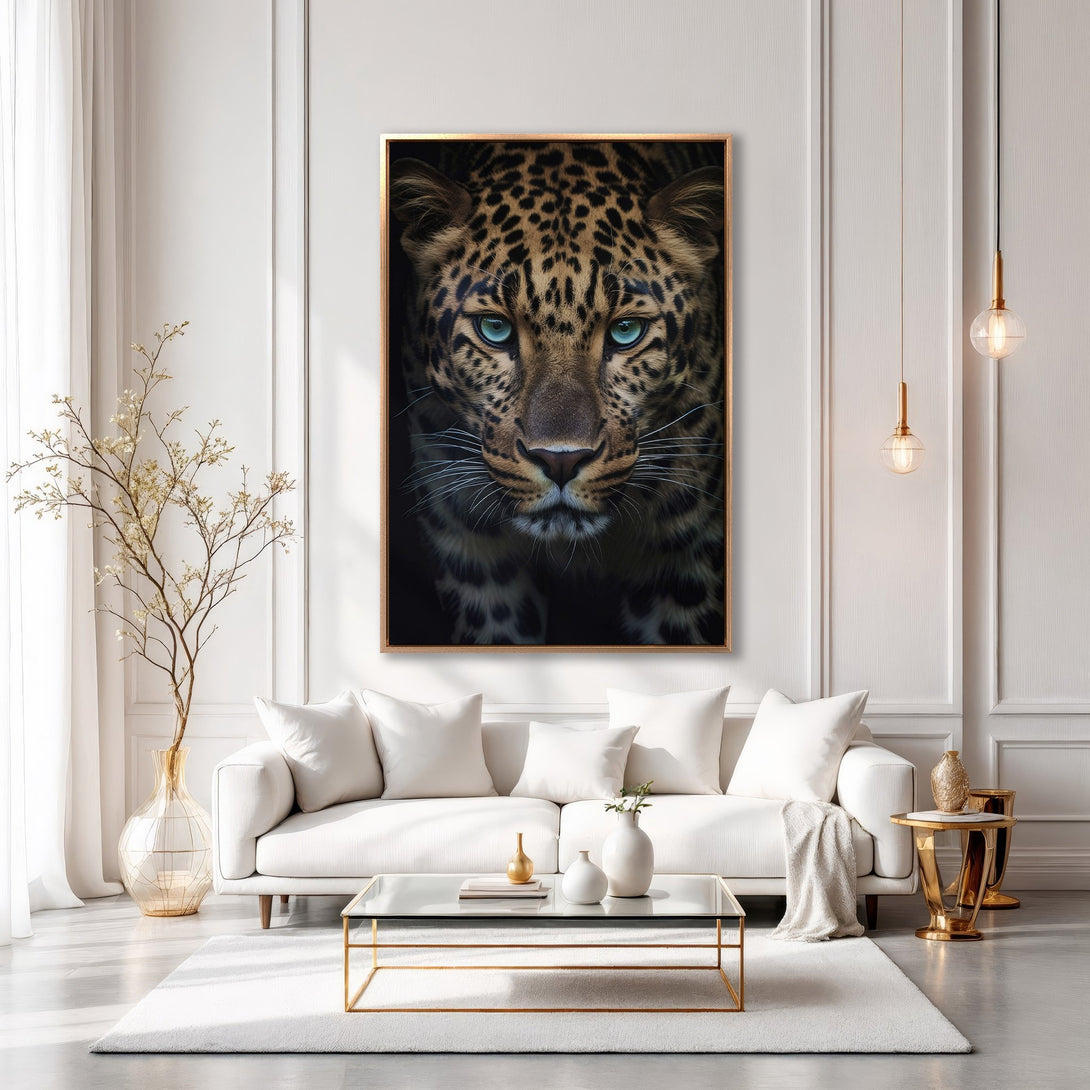 Framed Wall Art: Stunning leopard portrait with piercing blue eyes. Modern decor with a neutral color palette. Elevate your space with this captivating canvas print.