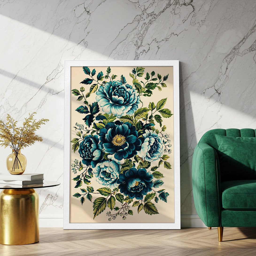Framed Poster featuring teal floral art. Elegant botanical print in a vintage style. Perfect wall decor with a calming color palette.