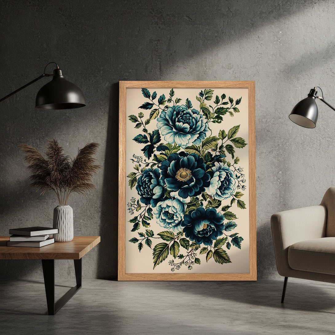 Framed Poster featuring elegant blue floral art in a vintage style. Perfect for adding a touch of sophistication to any room.