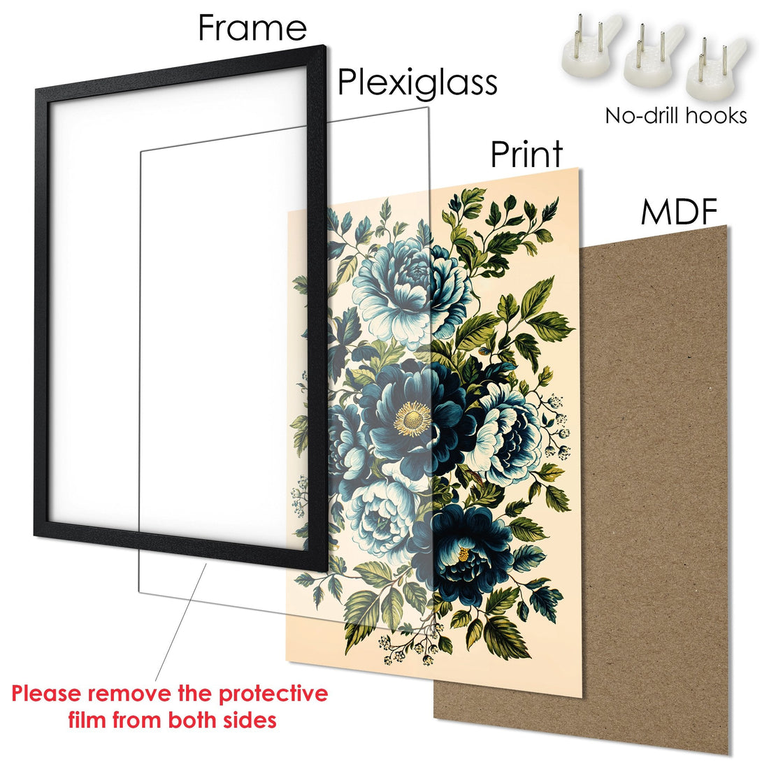 Framed Poster featuring blue floral art print, vintage style, with a neutral color palette.
