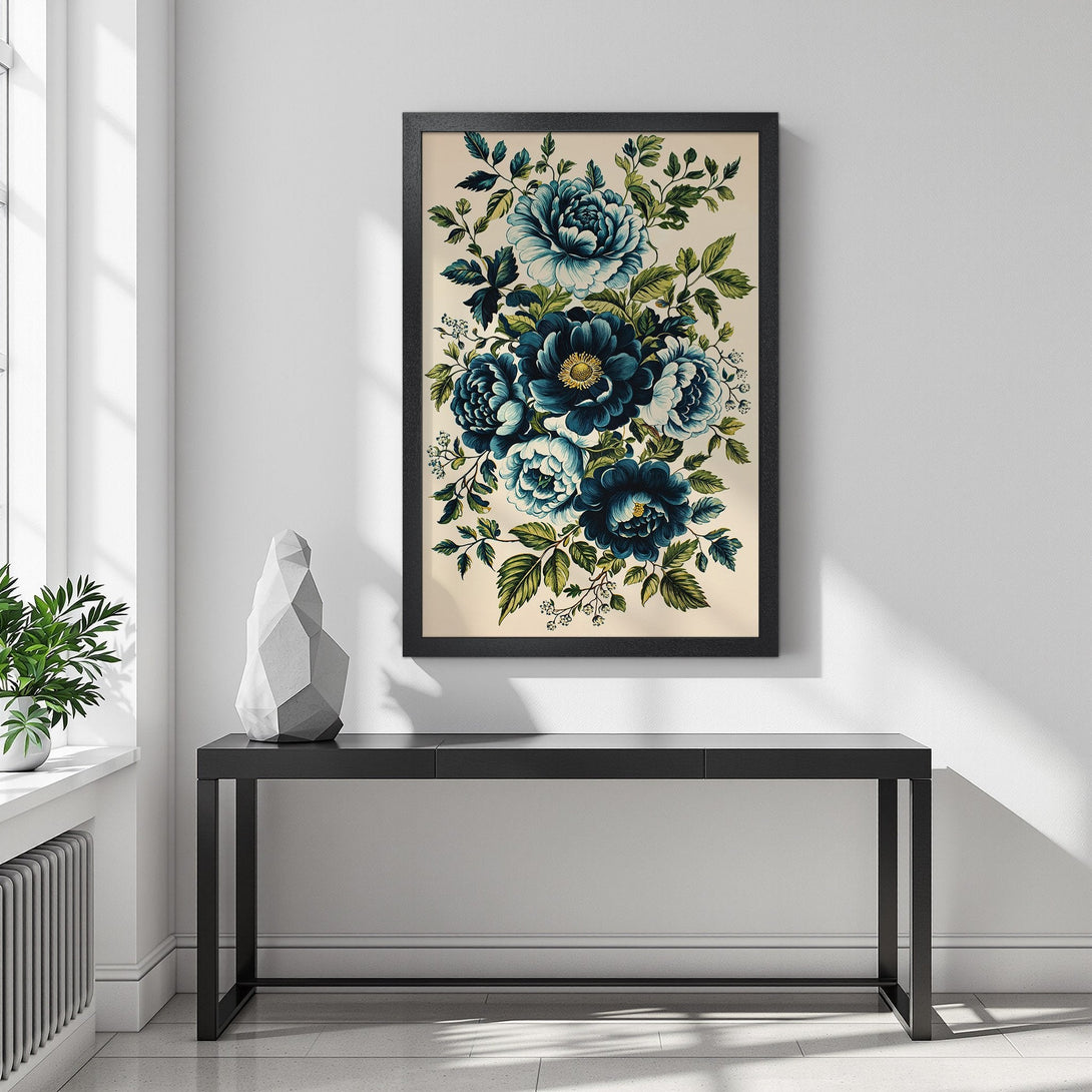 Framed Poster featuring blue floral artwork, a vintage-inspired style with a calming blue and green color palette. Add elegance to your home!