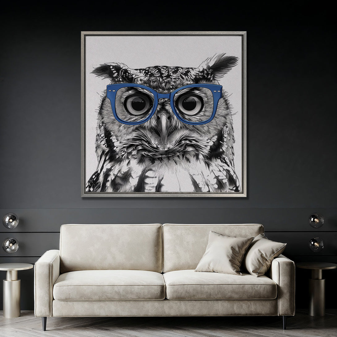 Framed Wall Art: Stylish owl portrait canvas print with blue glasses. Modern black & white art with a pop of color. Perfect for home decor.