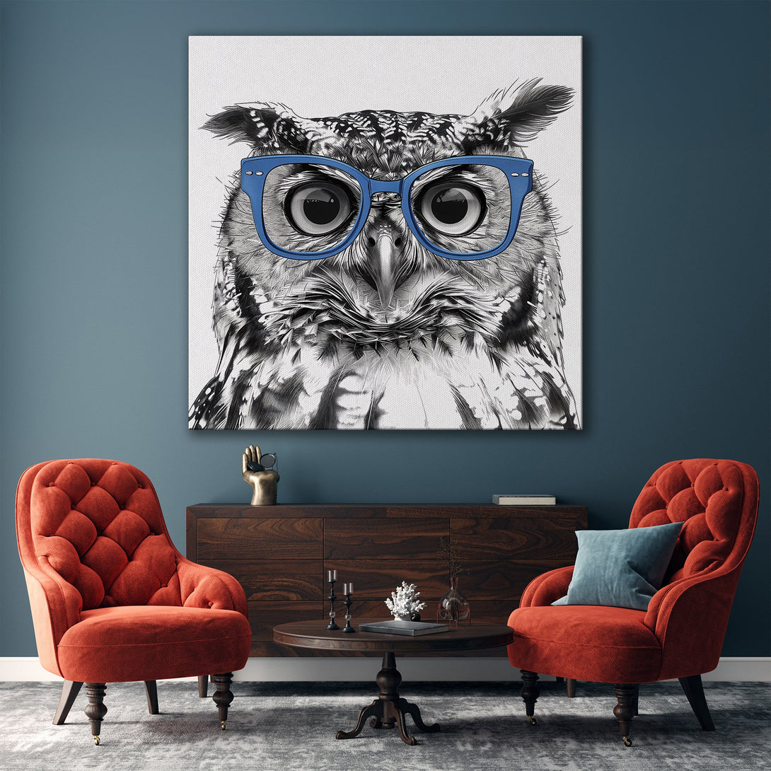 Framed Wall Art: Whimsical owl portrait with blue glasses. Black & white illustration with a pop of blue, perfect for modern home decor.