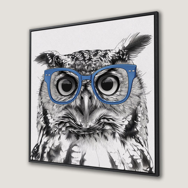 Framed Wall Art: Stylish owl portrait in black, white, and blue. Modern canvas print adds a touch of whimsy to any space. Shop now!