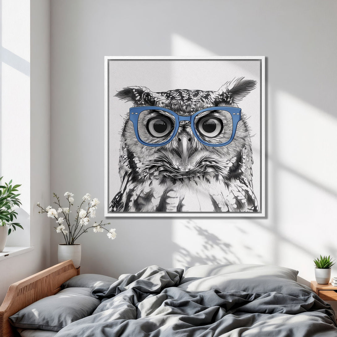 Framed Wall Art: Stylish owl portrait with blue glasses in a modern, grayscale palette. Perfect for bedroom decor.
