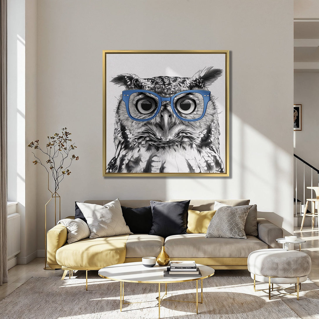 Canvas Print featuring a stylish owl wearing blue glasses, black and white illustration, perfect for modern wall decor. Color palette: teal, orange, and brown.