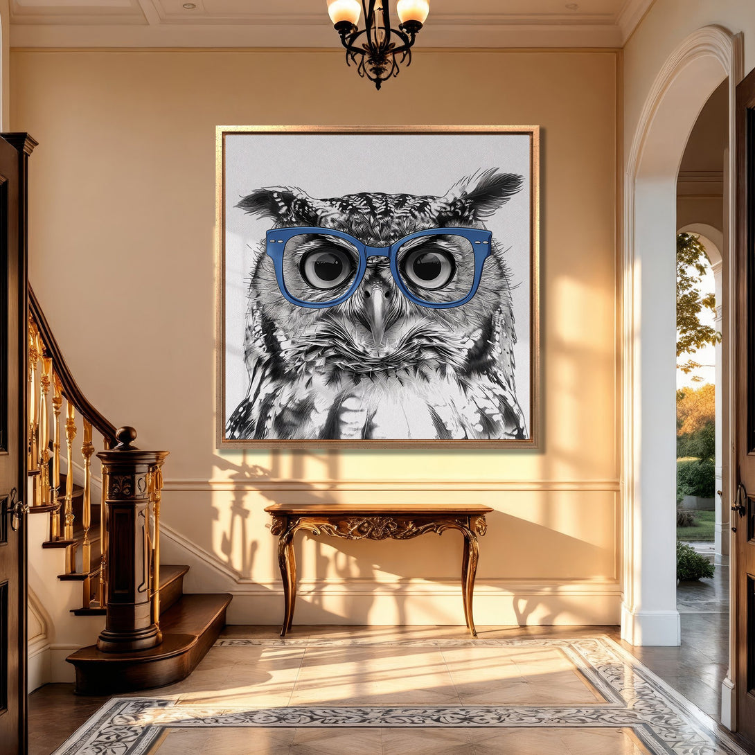 Framed Wall Art featuring a stylish owl with blue glasses. Black and white illustration with a pop of blue, displayed in a warm-toned interior.
