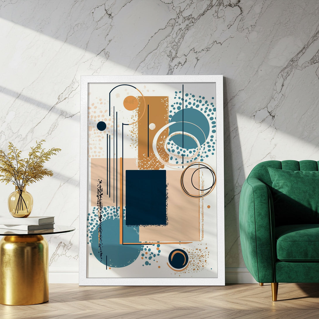 Framed Poster with abstract geometric art in teal, beige, and navy. Modern style, perfect for home decor.