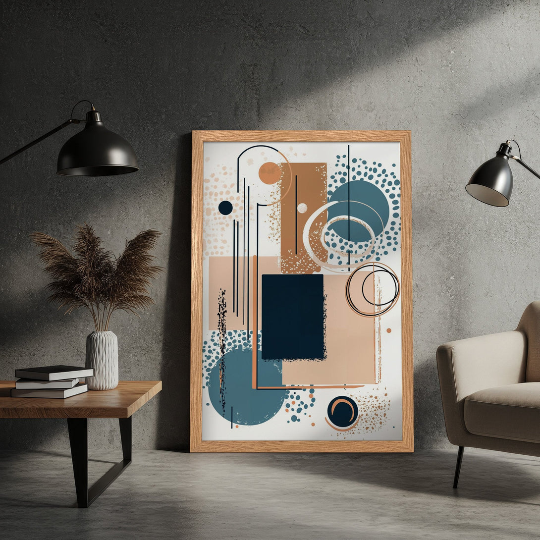 Framed Poster featuring an abstract geometric design in a modern style with a neutral color palette of blues, browns, and beige.