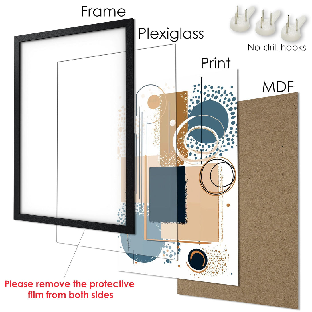 Framed Poster with abstract art in blue, brown, and beige. Modern art print ready to hang.