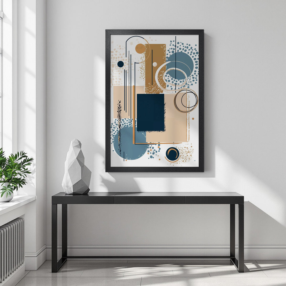 Framed Poster featuring abstract geometric art in neutral tones and blue. Modern wall art perfect for home decor.