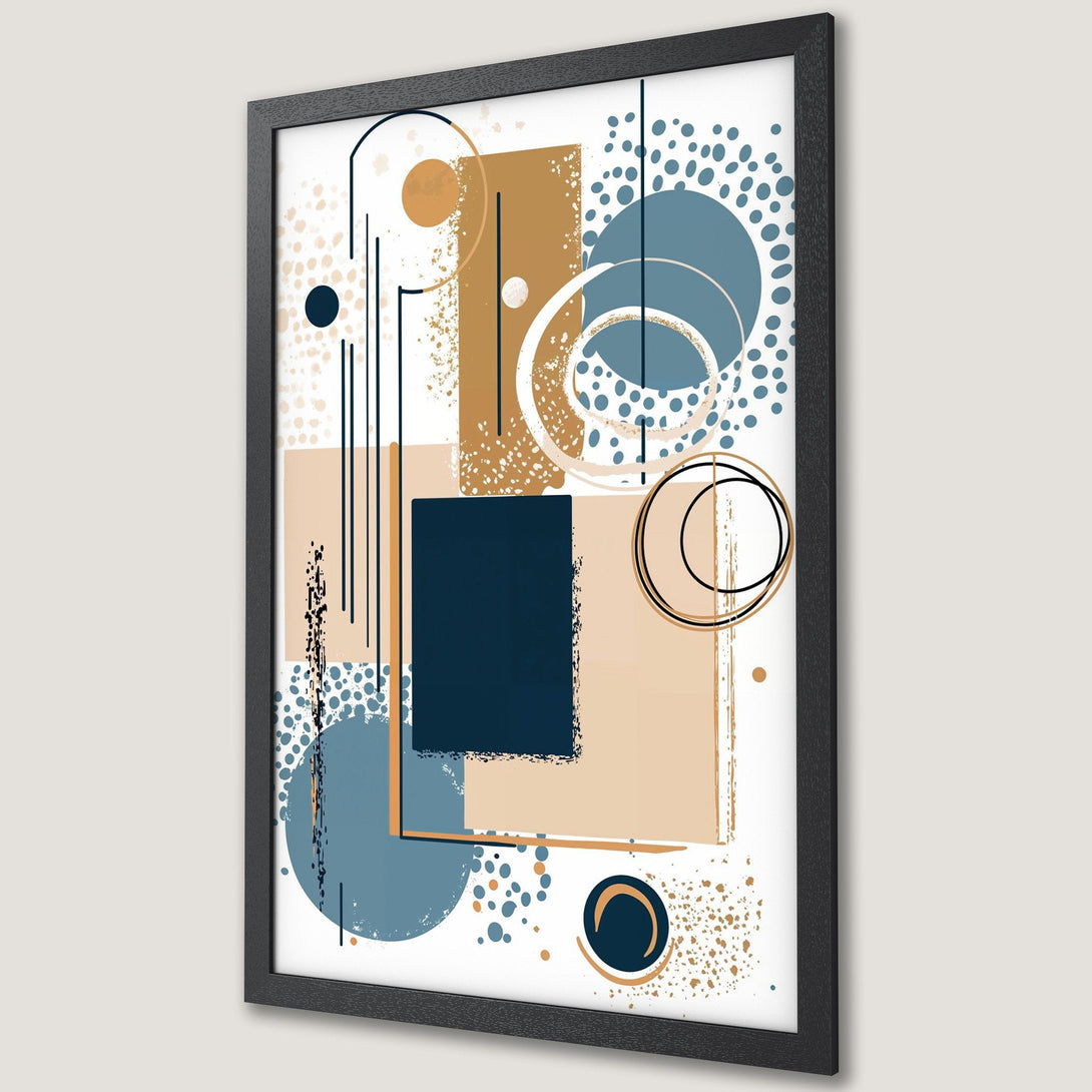 Framed Poster featuring abstract art with geometric shapes, in a neutral color palette of blue, beige, and brown. Modern wall art for any space.