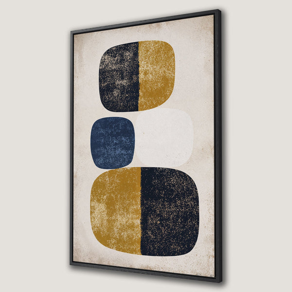 Framed Wall Art featuring abstract geometric shapes in navy, gold, and white. Modern canvas print for stylish home decor.
