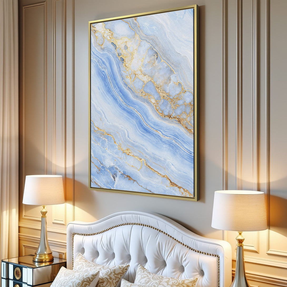 Canvas Print featuring a blue and gold abstract marble design, perfect for adding a touch of elegance to any room.