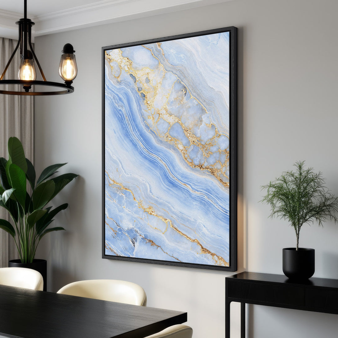 Framed Wall Art: Blue and gold abstract canvas print. Modern decor with a serene, flowing design and a luxurious color palette. Elevate your space with this stunning artwork.