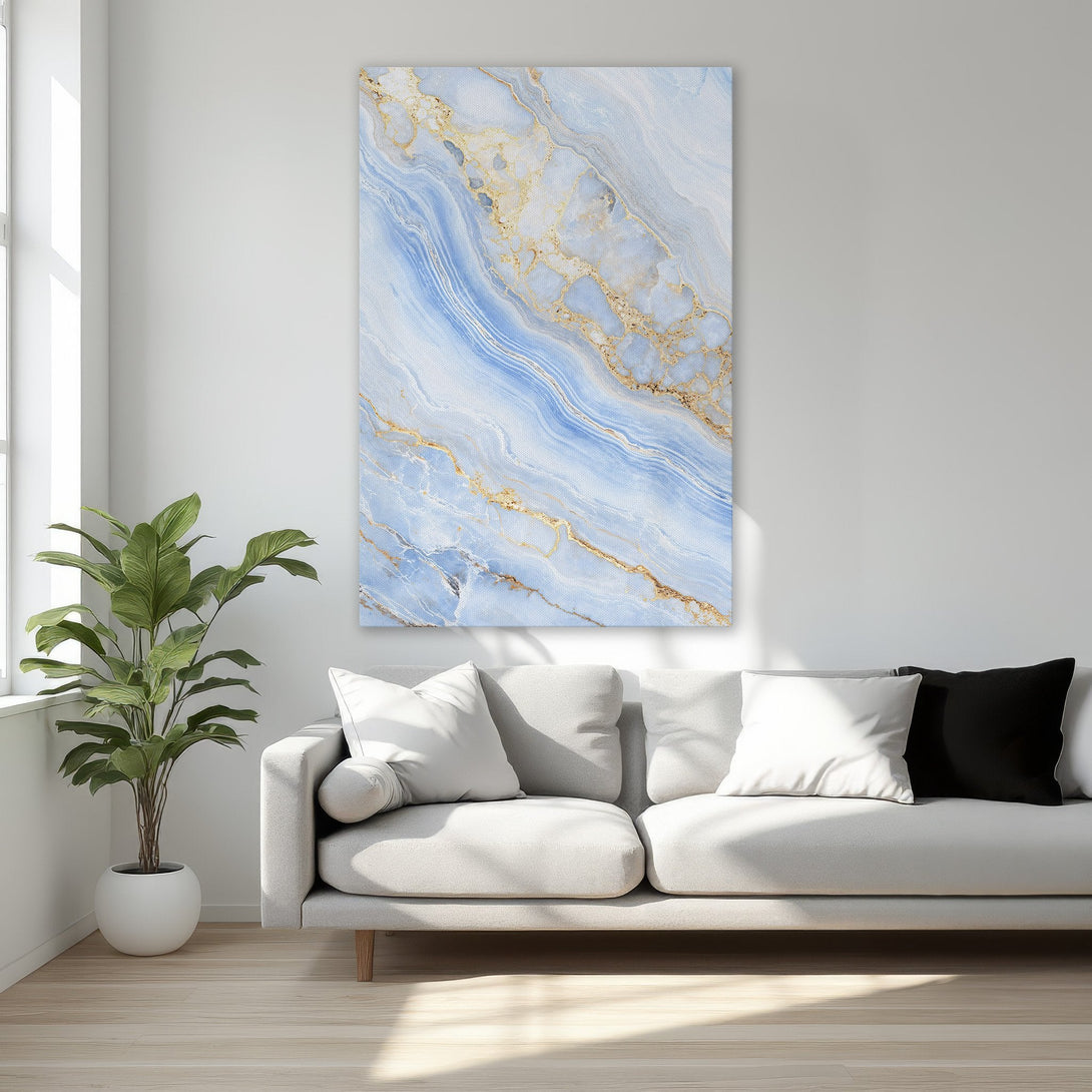 Framed Wall Art: Abstract blue & gold marble Canvas Print. Elegant, modern art piece with a luxurious color palette, perfect for bedroom decor.