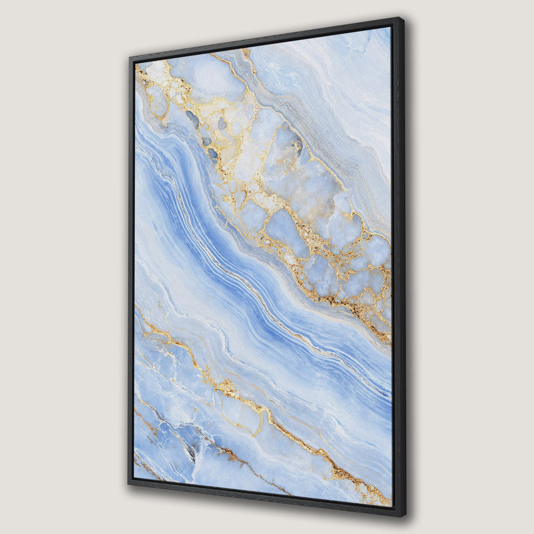 Framed Wall Art featuring a blue and gold abstract marble design. Modern Canvas Print with a luxurious, flowing aesthetic, perfect for home decor.