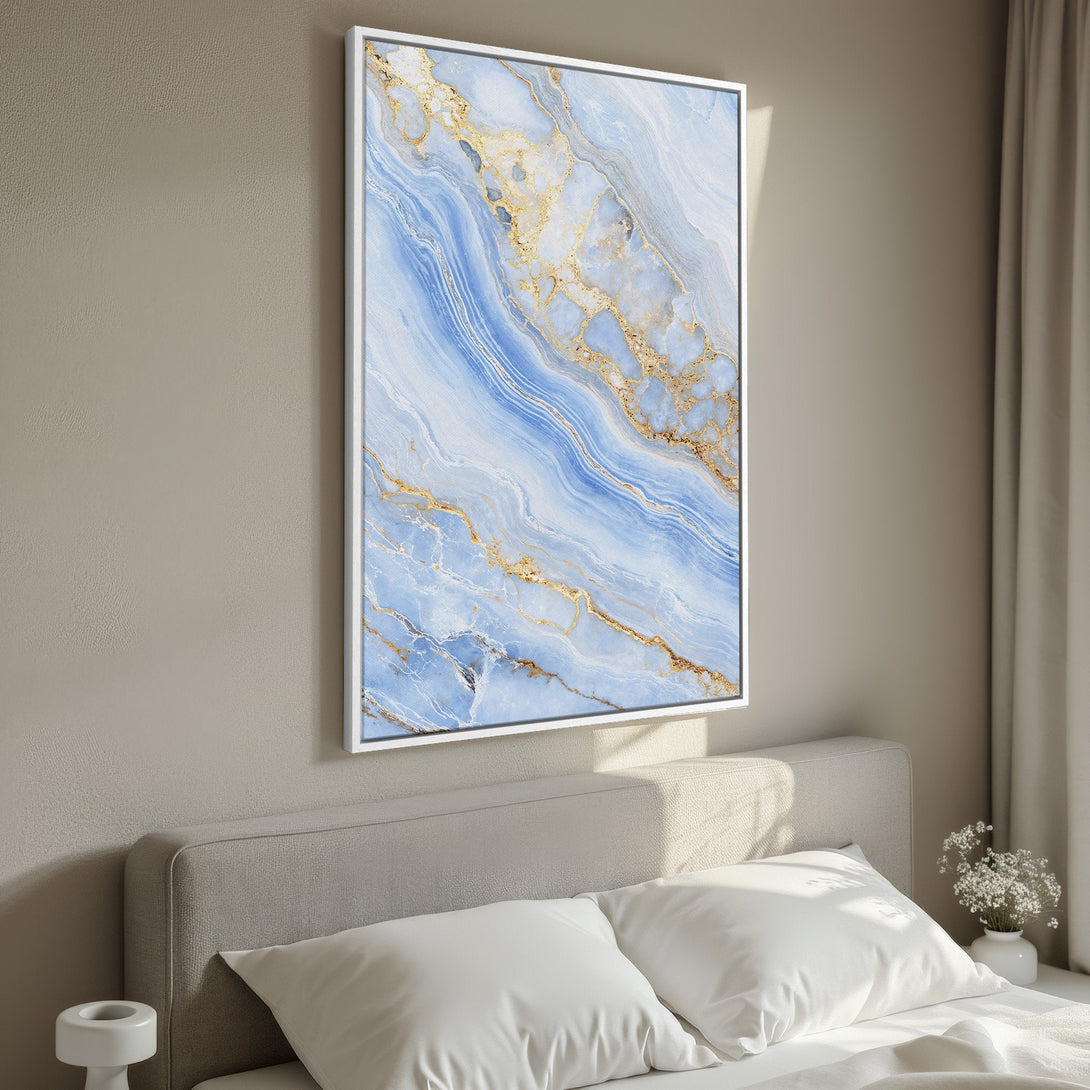 Framed Wall Art: Blue & gold abstract canvas print. Modern art with a calming blue and gold color palette, perfect for bedroom decor.