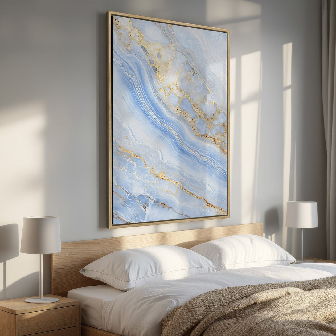 Framed Wall Art featuring a serene blue and gold abstract design. Elevate your space with this stylish canvas print, perfect for a modern bedroom or living room.