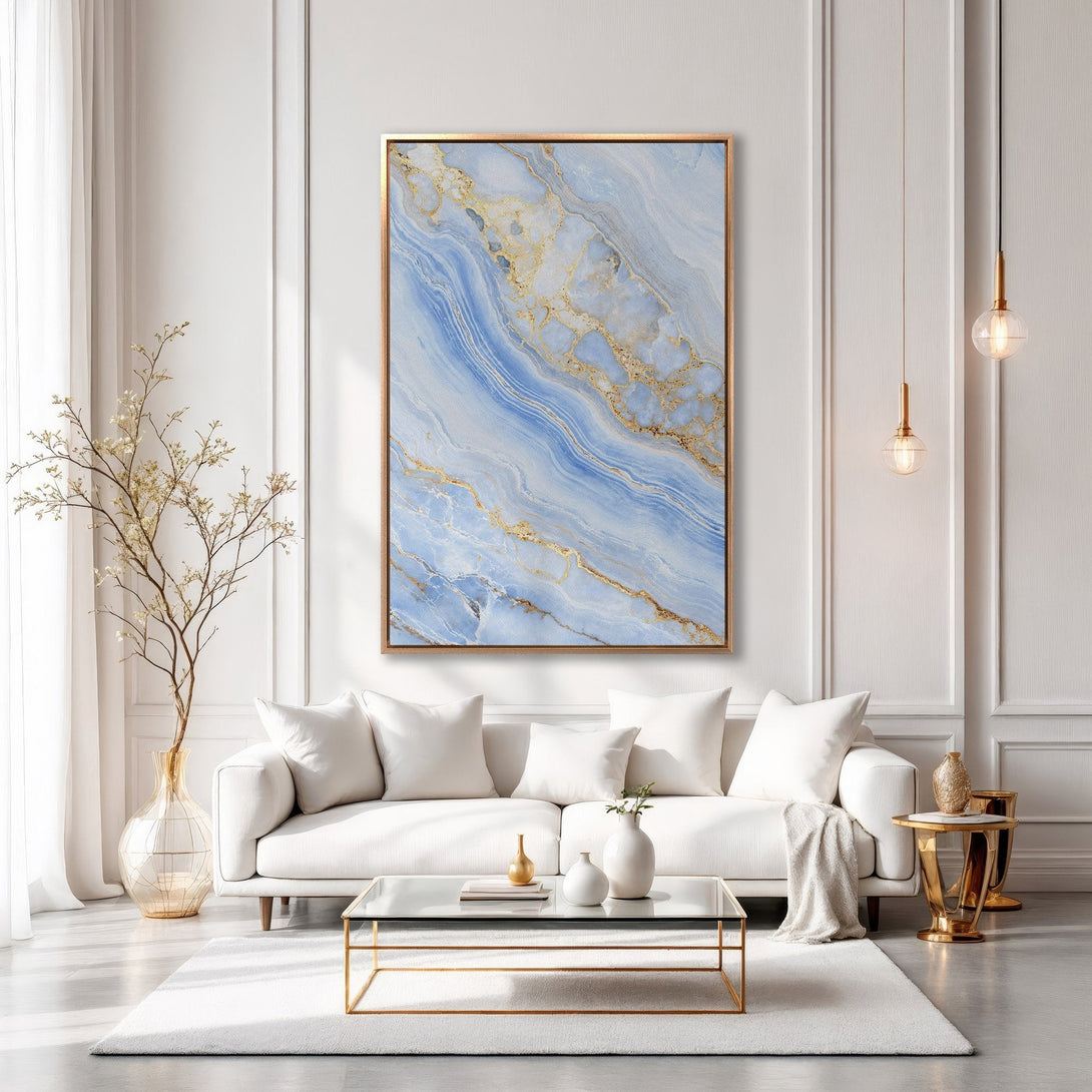 Framed Wall Art: Abstract blue and gold marble canvas print in a modern, elegant living room. Enhance your space with sophisticated art!