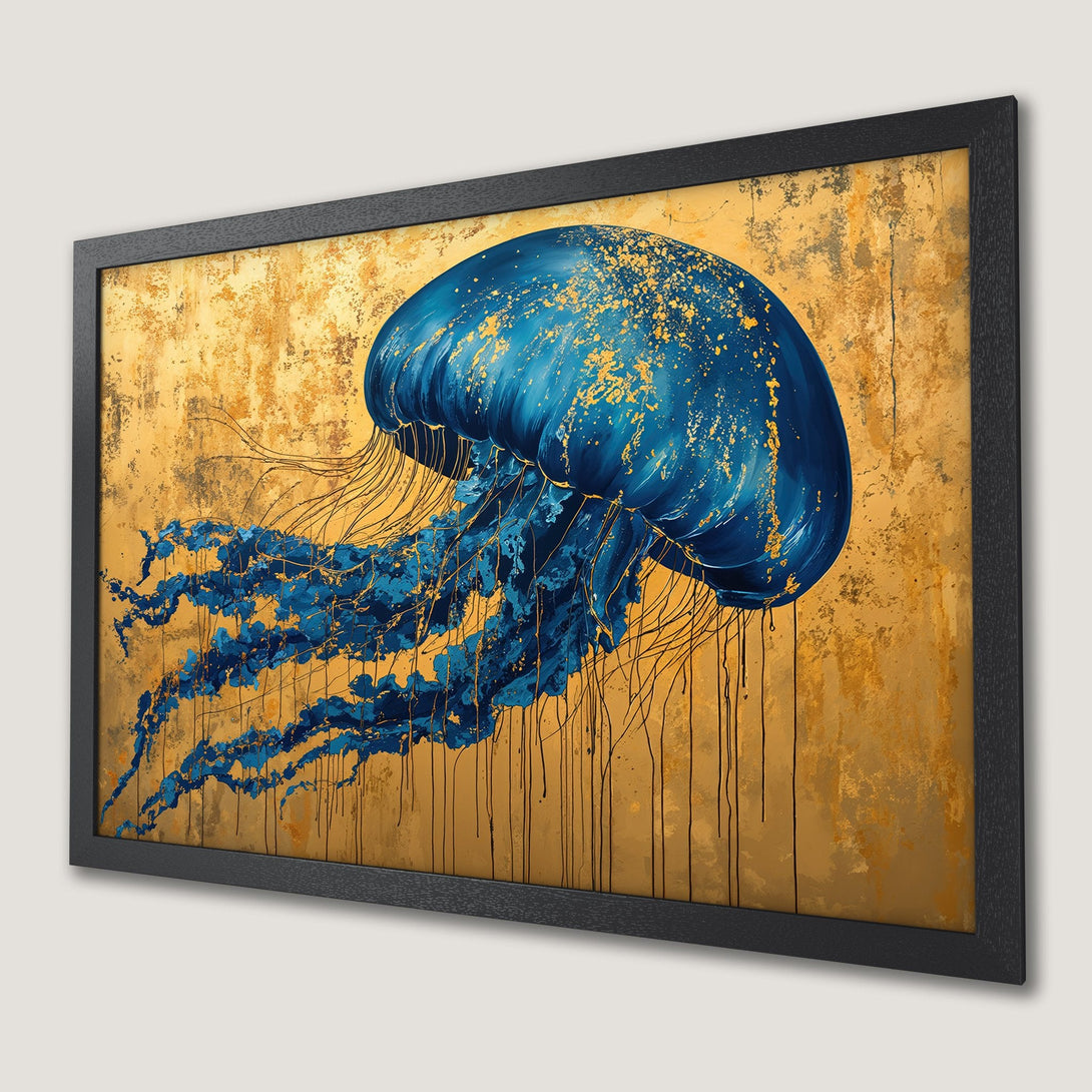 Framed Poster featuring a vibrant blue jellyfish against a gold textured backdrop. Modern art print with a striking color palette.
