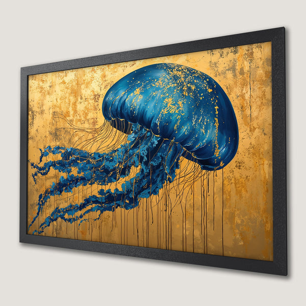 Framed Poster featuring a vibrant blue jellyfish against a gold textured backdrop. Modern art print with a striking color palette.